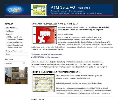 ATM AKTUELL   Automatenmarken ATM Seitz AG Briefmarken  &Ouml;ffnungszeit