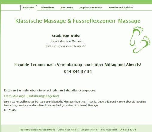 Fussreflexzonen Massage und klassische Massage   Ursula Vogt Weibel  Dielsdorf   044 844 37 34  Öffnungszeit