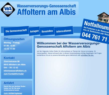 Wasserversorgungs Genossenschaft Affoltern am Albis  Wasserverbrauch  Wasserqualit&auml;t  &Ouml;ffnungszeit